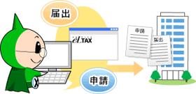 緑色のエルレンジャーがeLTAX(エルタックス)を利用して届出、申請しているイラスト