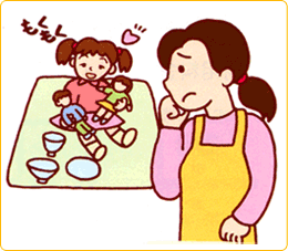 ひとりで遊ぶ女の子を心配するお母さんのイラスト