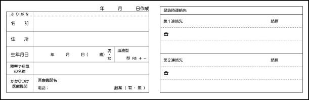 名前や連絡先などを記載する1ページと2ページの見開きのヘルプカード