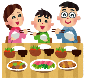 家族3名で楽しく食事をしているイラスト