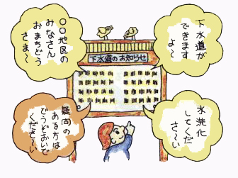 下水道のお知らせ(〇〇地区のみなさんおまちどうさま~、下水道ができますよ~、水洗化してくださ~い、疑問のある方はどうぞおいでくださ~い)が書かれた掲示板を人が指をさしているイラスト