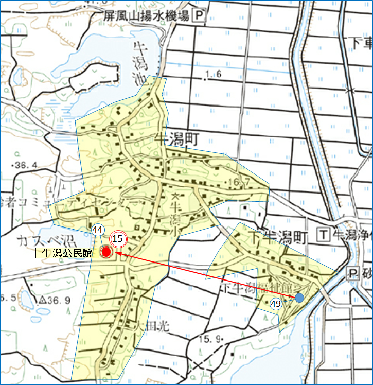第15投票所牛潟公民館の位置を示した地図