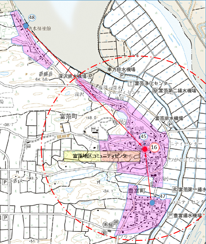 第16投票所富萢地区コミュニティセンターの位置を示した地図