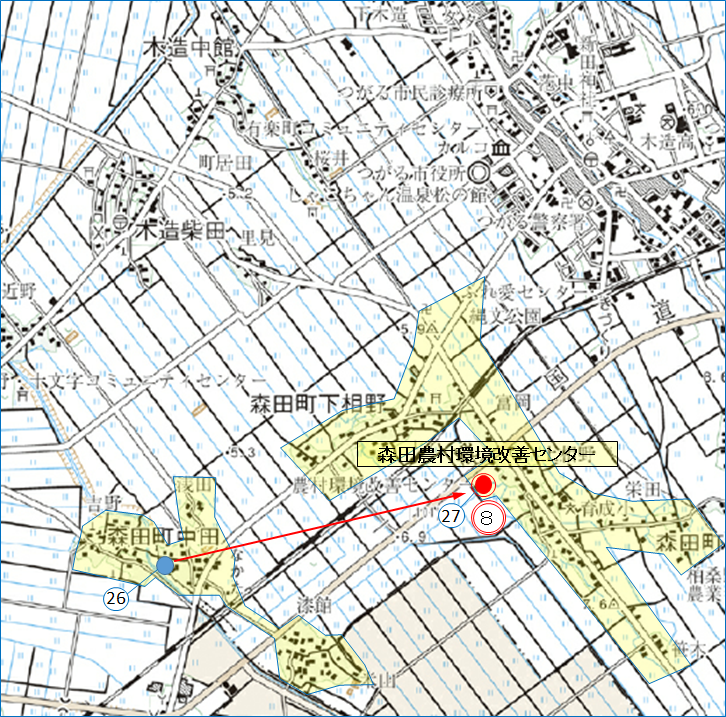 第8投票所森田農村環境改善センターの位置を示した地図