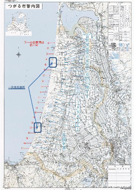 注射器の漂着が確認された場所が記された地図