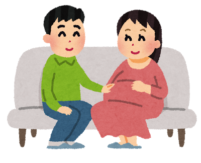 ソファーに旦那さんと妊婦さんが腰かけ、妊婦さんのお腹に旦那さんが手を添えているイラスト