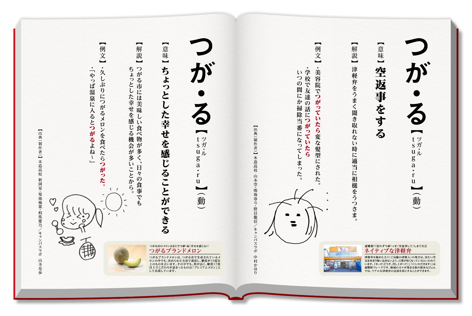 左側のページに「ちょっとした幸せを感じることができる」、右側のページに「空返事をする」の意味のつが・るが記載されている新解釈つがる辞典の見開きページ