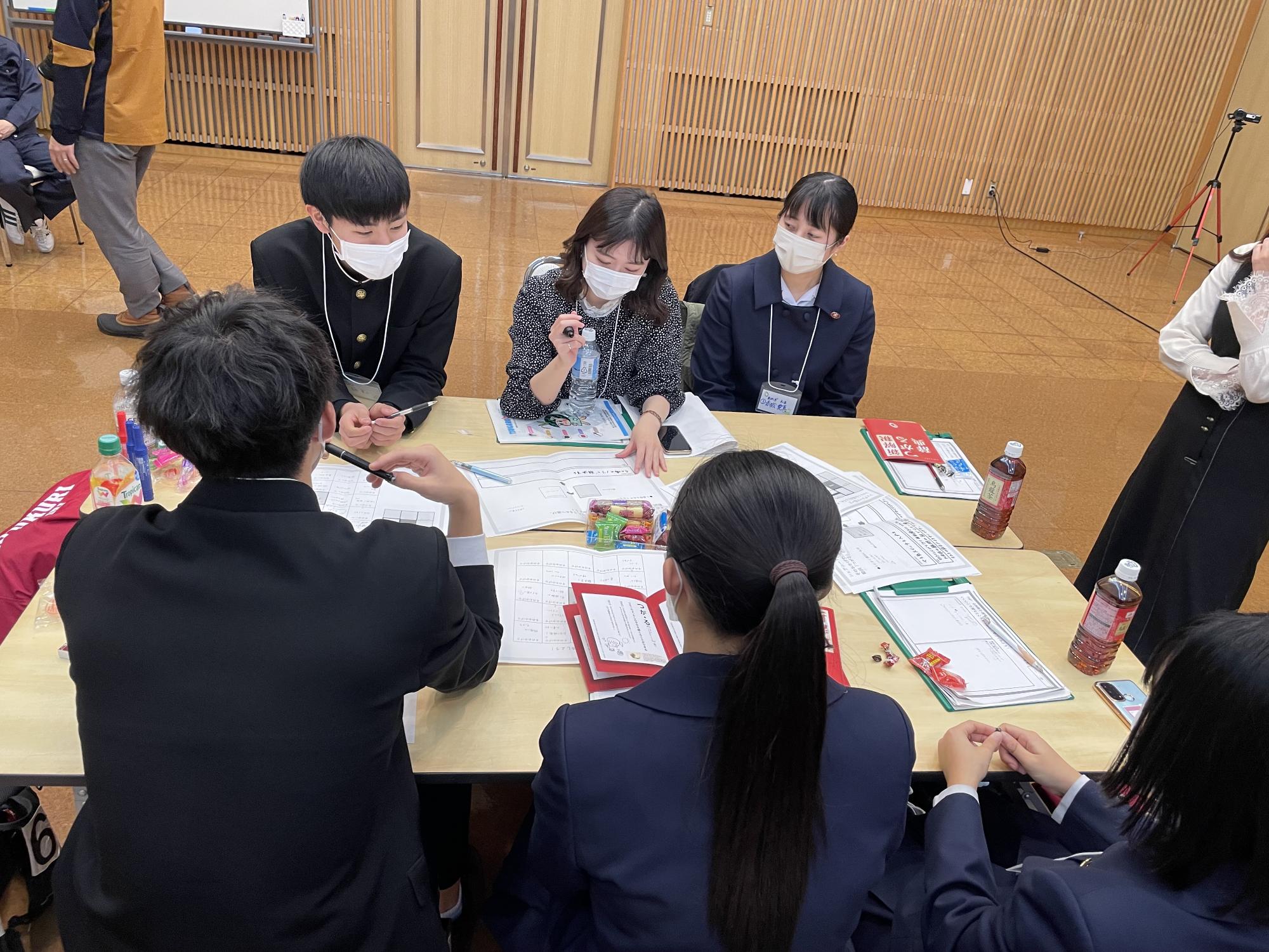 四角いテーブルに7人の参加者が集まり話し合いをしている様子の写真