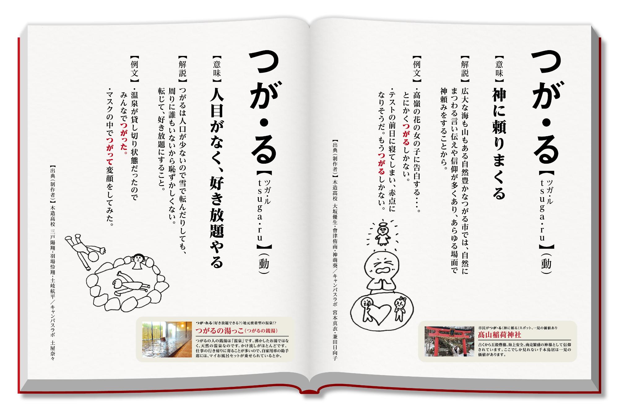 左側のページに「人目がなく、好き放題やる」、右側のページに「神に頼りまくる」の意味のつが・るが記載されている新解釈つがる辞典の見開きページ