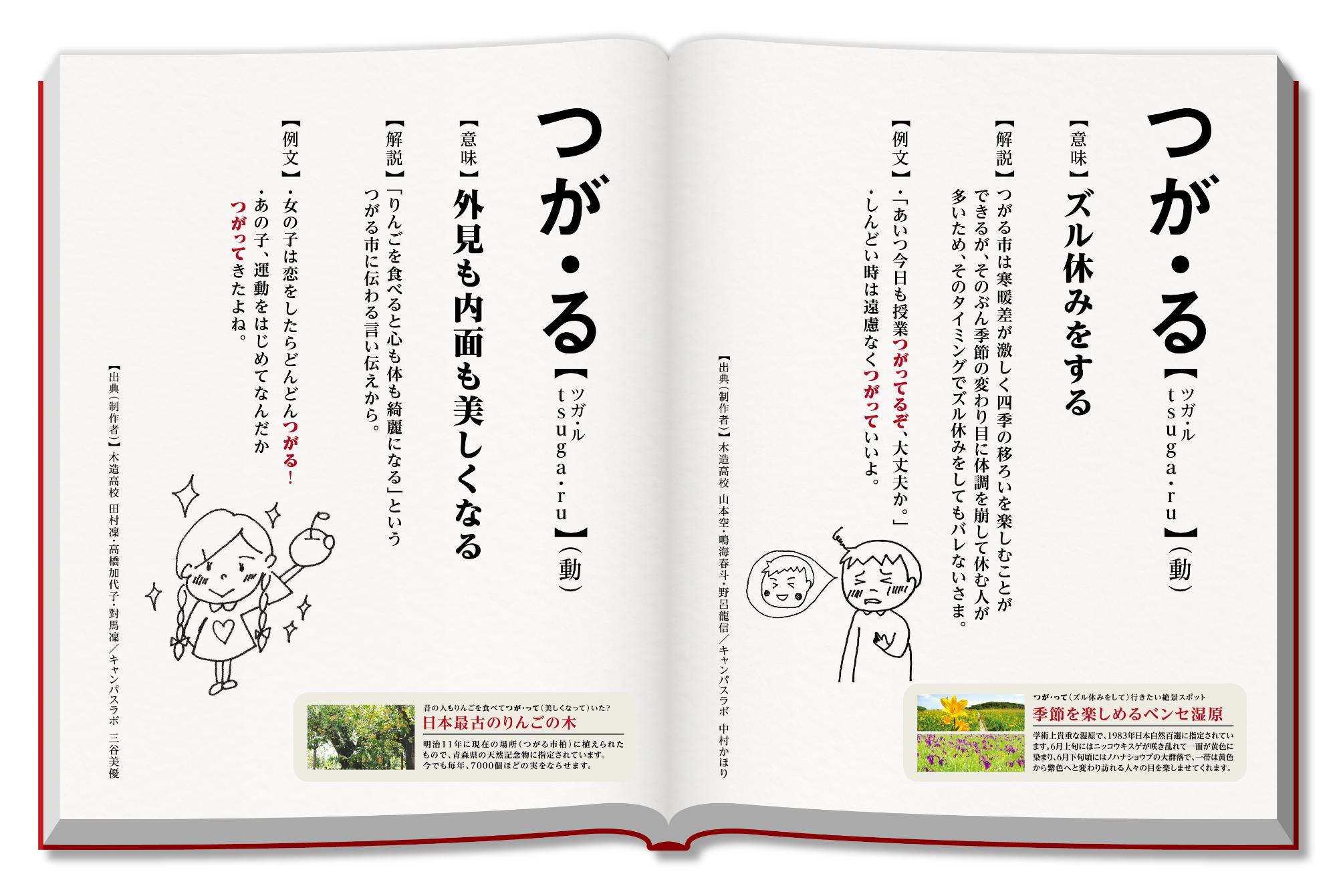 左側のページに「外見も内面も美しくなる」、右側のページに「ズル休みをする」の意味のつが・るが記載されている新解釈つがる辞典の見開きページ