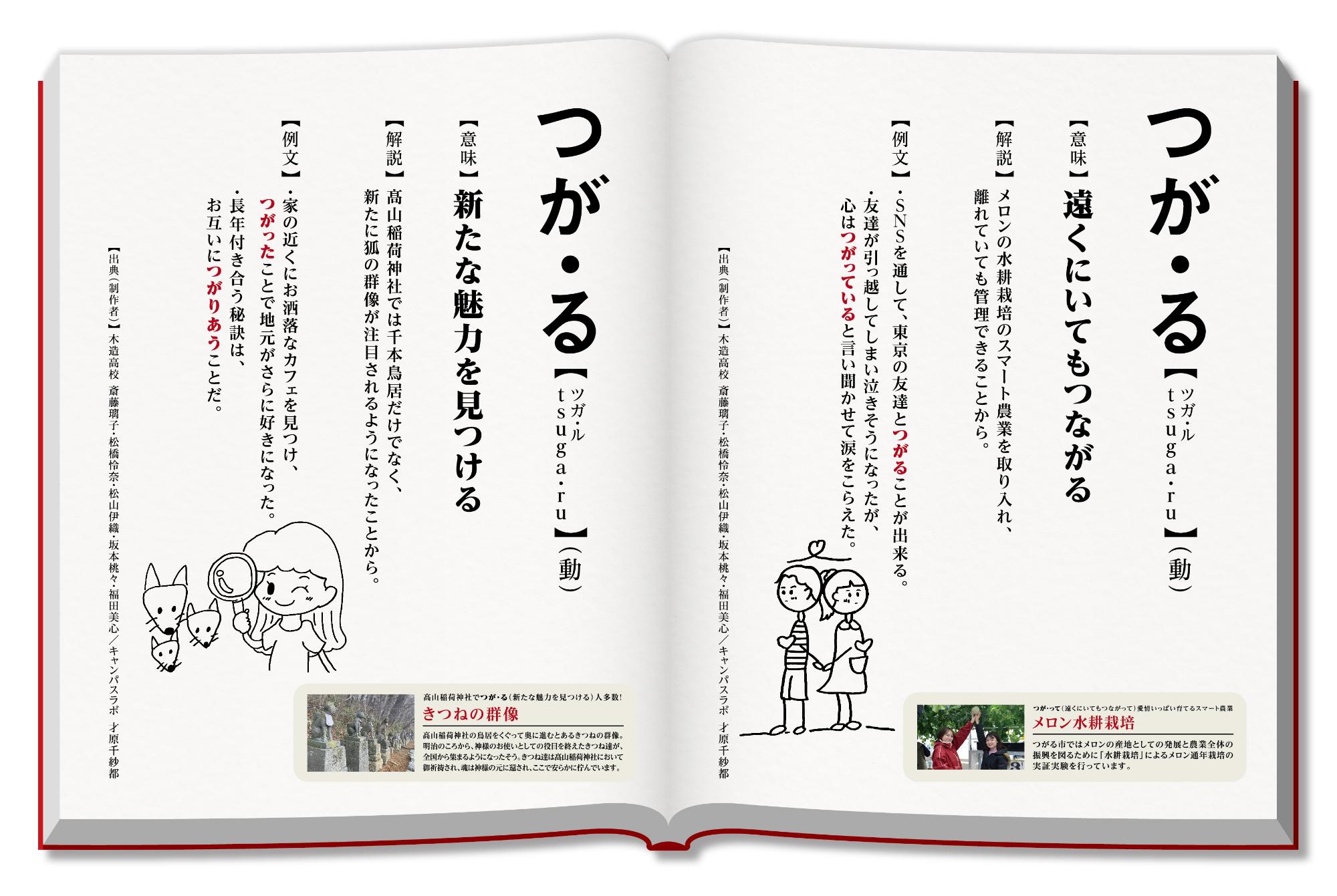 左側のページに「新たな魅力を見つける」、右側のページに「遠くにいてもつながる」の意味のつが・るが記載されている新解釈つがる辞典の見開きページ