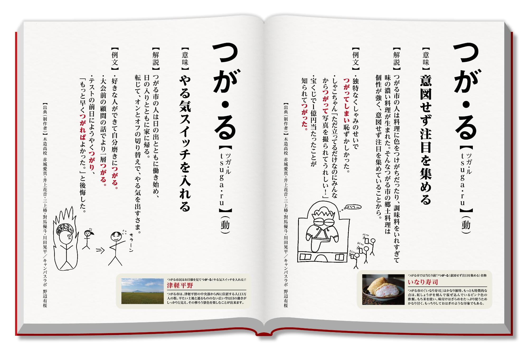 左側のページに「やる気スイッチを入れる」、右側のページに「意図せず注目を集める」の意味のつが・るが記載されている新解釈つがる辞典の見開きページ