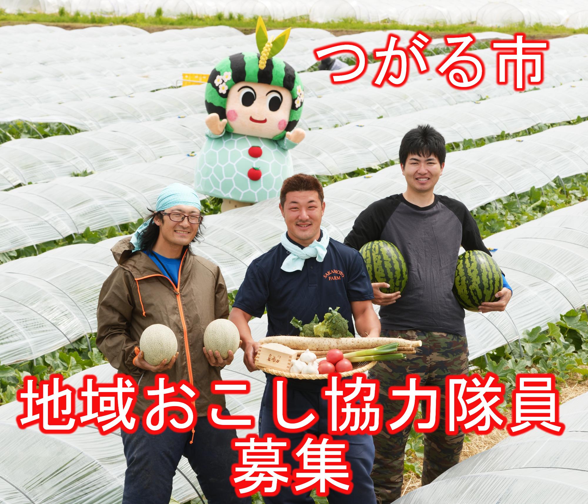 3名の男性が農作物をたくさん持ってつがーるちゃんと記念撮影をしているつがる市地域おこし協力隊募集の写真