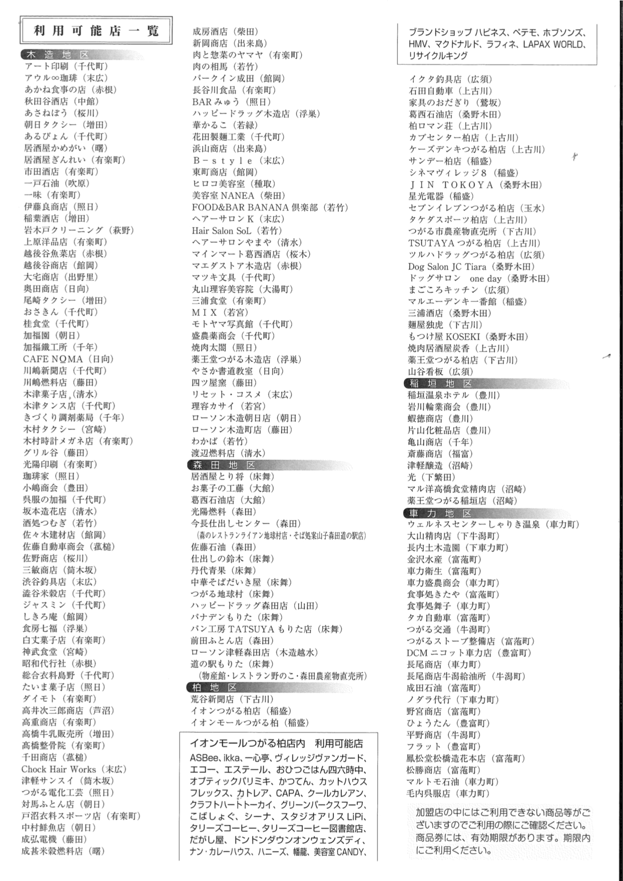 物価高騰対策商品券利用可能店一覧