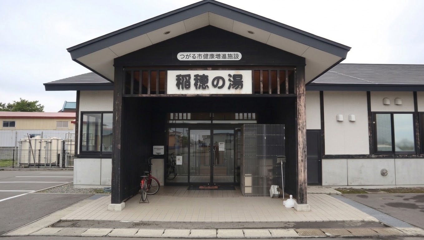 大きな三角屋根の入り口に「稲穂の湯」と書かれた看板が掲示されているつがる市健康増進施設 稲穂の湯を正面から写した写真